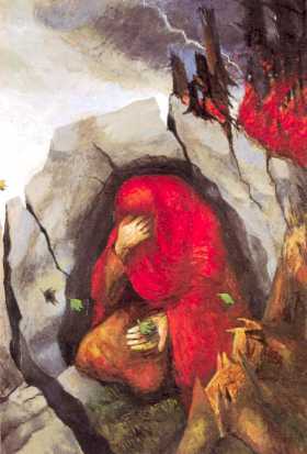 De profeet Elia in een grot op de berg Horeb