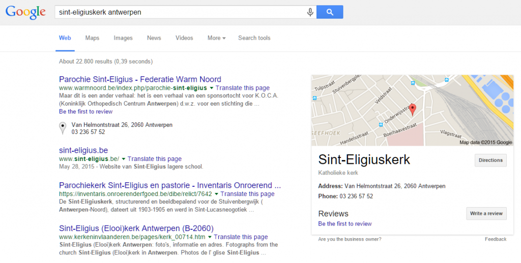 Resultaat van een zoekopdracht naar een kerk die op Google Maps bekend is